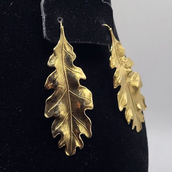 Monet Gold Tone Leaf Earrings signed on hook 3in - Picture 1 of 5